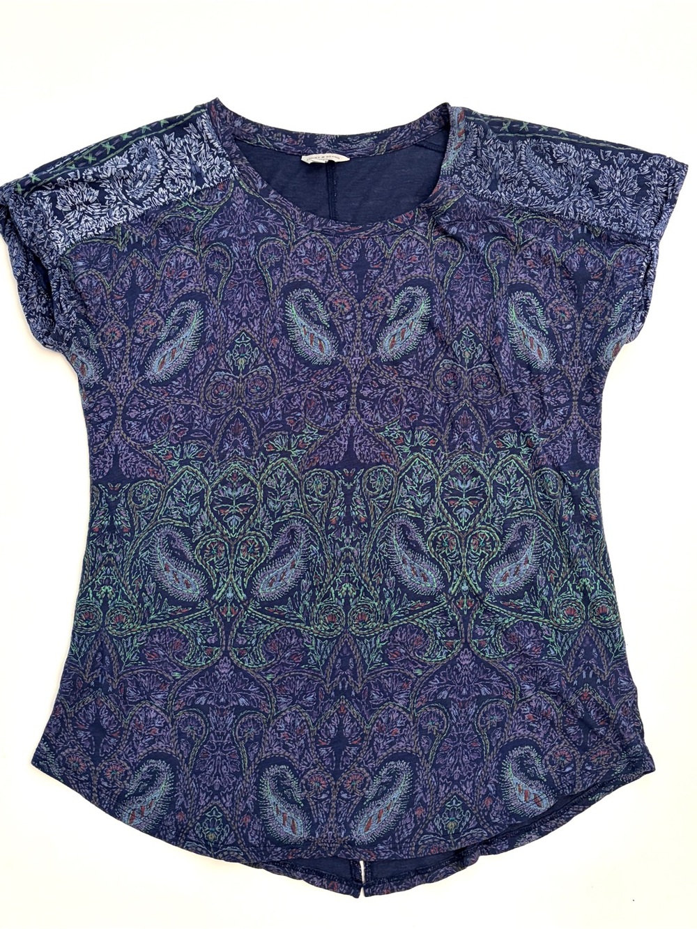 Lucky Brand Top SZ L Blue Paisley Split Back Short Sleeve T-Shirt Cotton Blend